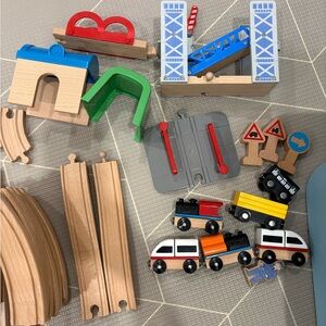 Wooden Train Set with Bridge and Vehicles